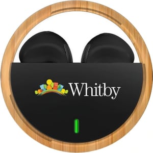 Black TWS earbuds in a circular wooden case featuring a logo, with a green light indicator.