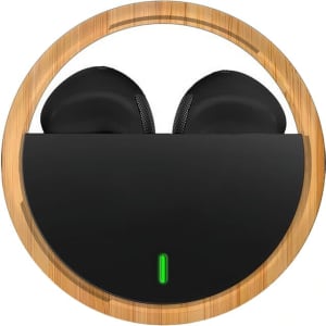Eco-friendly black earbuds housed in a circular bamboo case with a green indicator light.