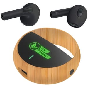Eco-friendly TWS earbuds in black, with a bamboo charging case featuring a logo.