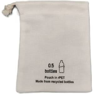 A white pouch made from recycled materials, featuring a drawstring closure and branding on the front.