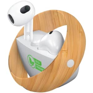Eco-friendly white TWS earbuds placed within a circular bamboo holder, featuring a logo.