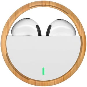 White TWS earbuds housed in a circular bamboo case, featuring a single green indicator light.