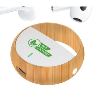 White earbuds with a bamboo charging case, featuring an eco-friendly logo and a sleek design.