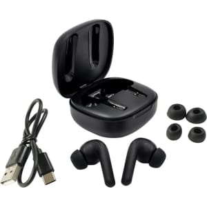 Black wireless earbuds in a charging case, accompanied by a USB cable and additional ear tips.