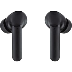 Black wireless earbuds with a sleek design, featuring a shiny surface and soft ear tips.