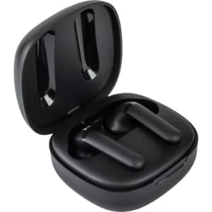 A pair of black earbuds stored in an open charging case, featuring a sleek, modern design and a logo.