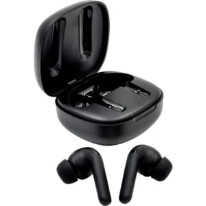 Black wireless earbuds in a charging case, featuring a sleek design with a glossy finish.