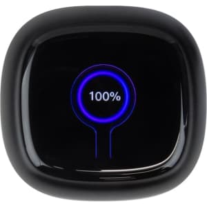 A black charging case with a smart LCD touch screen displaying a battery percentage.