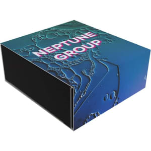 A box featuring a blue and black design with abstract bubble patterns and a logo on the front.