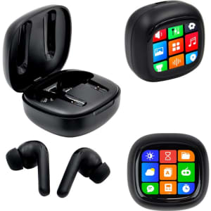 A pair of black wireless earbuds with a charging case and a smart LCD touch screen displaying colourful icons.