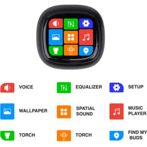 A square black device with a grid of coloured buttons representing various features and functions.