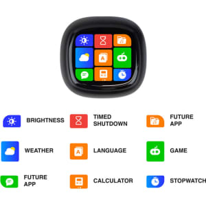 A smartwatch featuring a square touch screen displaying various colourful app icons, set against a black background.