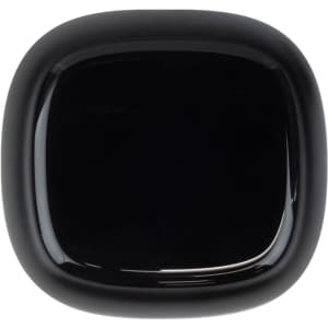 A black square charging case for wireless earbuds, featuring a glossy finish and a smooth surface.