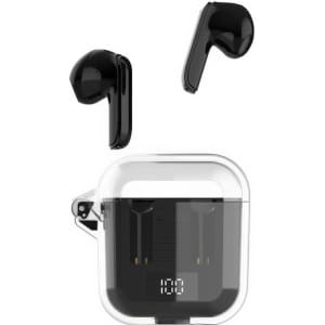 Black Riverton Crystal TWS earbuds inside a clear charging case, with the earbuds positioned outside the case.