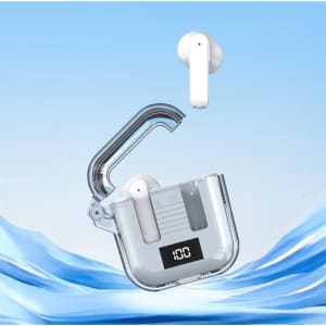 Transparent charging case with white Riverton Crystal TWS earbuds floating above, set against a blue background.
