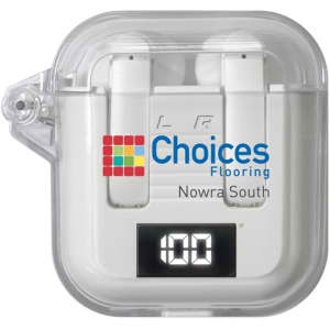 White TWS earbuds in a transparent case with a digital display, featuring a logo on the front.