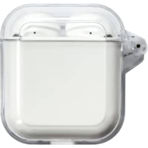 Clear charging case containing white Riverton Crystal TWS earbuds, featuring a logo on the case.
