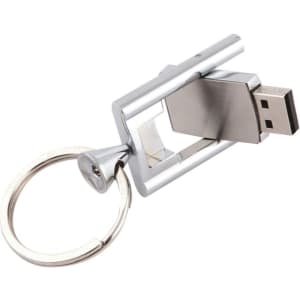A silver chrome flip flash drive attached to a keyring with a sleek, metallic design.