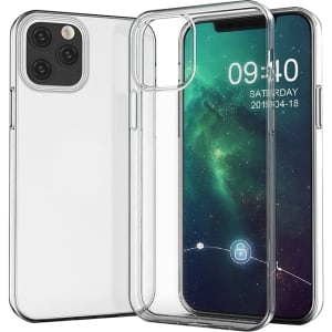 A clear TPU iPhone case displayed from different angles, with a phone visible inside showcasing a cosmic background.