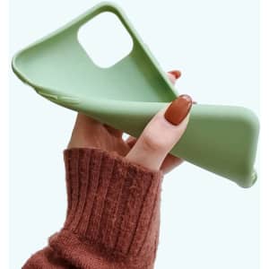 A green TPU iPhone case held in a hand, featuring a smooth texture and a cutout for the camera.
