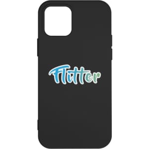 A black iPhone case featuring a logo in green and blue. The case is designed for phone protection.