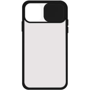 An iPhone case with a black border and a contrasting white and textured panel, featuring a logo.