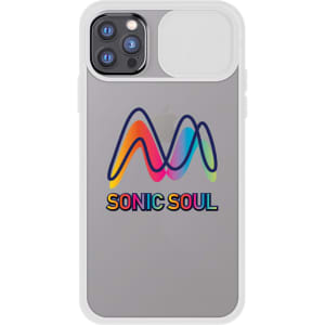 A grey iPhone case with a multi-coloured design and a logo, featuring a white camera cover.
