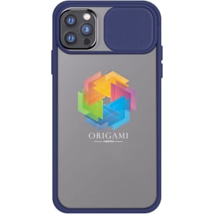 A grey iPhone case with a navy blue border and a geometric design featuring bright colours, including yellow and pink.