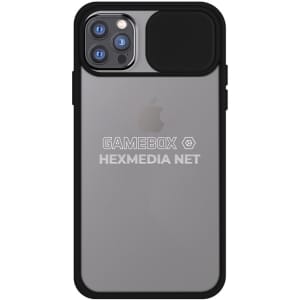 A phone case for an iPhone featuring a black and transparent design with a logo.