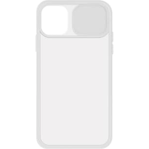 A clear, transparent iPhone case with a textured section. It features a logo.