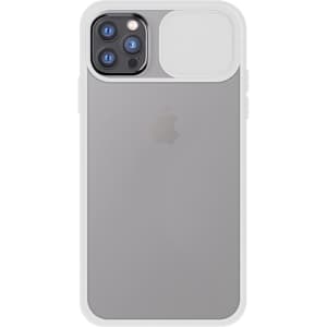 A grey iPhone case with a textured white section and a logo, designed for a sleek modern look.