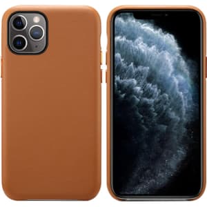 A tan PU iPhone case featuring a sleek design, showing both front and back views with a phone inside.