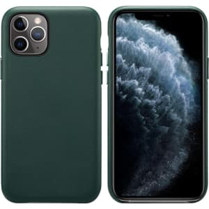 A green PU iPhone case featuring a textured finish, set against a black background showing the phone's screen.