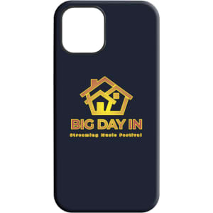A dark blue phone case featuring a logo with a house and the text "BIG DAY IN" in gold.