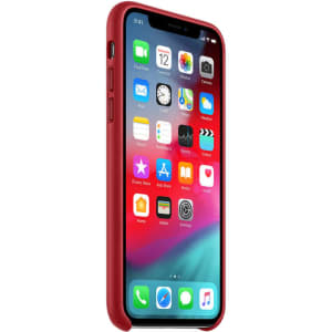 A red PU iPhone case displayed upright, showcasing its sleek design and fit over the phone, with a visible screen interface.