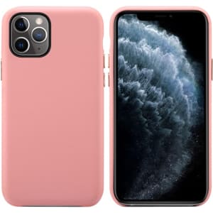 A pink PU iPhone case with a sleek design, displayed on a phone and alone, featuring a logo.