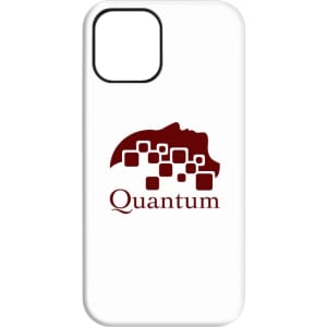 A white iPhone case featuring a maroon logo with a silhouette and abstract shapes.