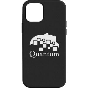 A black iPhone case featuring a logo and a stylised design. The case is sleek and fits the phone snugly.