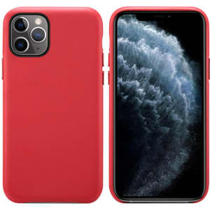 A red PU iPhone case displayed with an iPhone inside, featuring a sleek design and a visible logo.