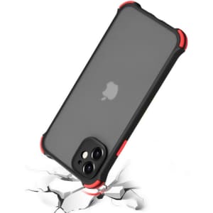 A rugged black and grey iPhone case with red accents, designed for durability, appearing against a cracked surface.