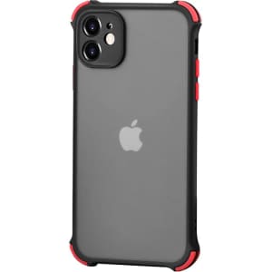 A rugged iPhone case in black with red accents, featuring a transparent back and reinforced corners.