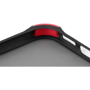 A close-up of a black rugged iPhone case featuring a red accent detail and textured grip.