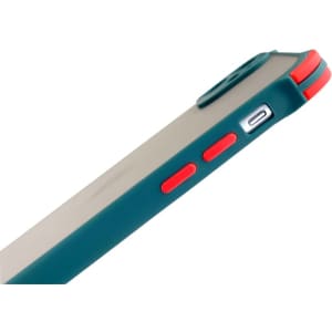 A rugged iPhone case in teal and coral, featuring buttons and a logo, designed for protection and style.