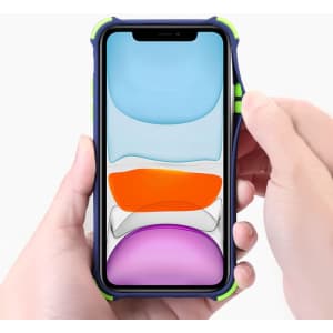 A rugged iPhone case in navy and lime green, holding a phone displaying colourful app icons on the screen.
