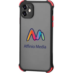 A rugged iPhone case in grey with red accents, featuring a logo on the back.