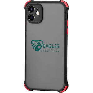 A rugged grey iPhone case with red accents, featuring a logo on the back.
