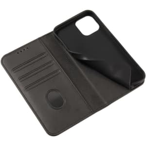 A black folio-style iPhone case with card slots and a flexible inner section. It has a logo on the exterior.