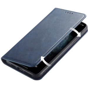 A navy blue folio iPhone case partially open, displaying the phone inside with a contrasting dark screen.