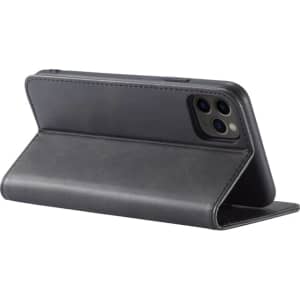 A black Bronte Folio iPhone case displayed upright, featuring a folding design and a simple branding logo.