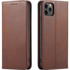 A brown leather iPhone case with a folio design, featuring a logo and openings for buttons and ports.